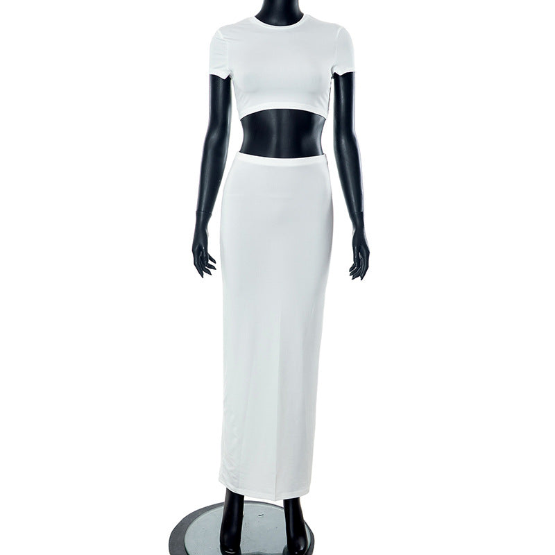 Women's Spring Solid Short Sleeve Crop Two Piece Skirt Set 45