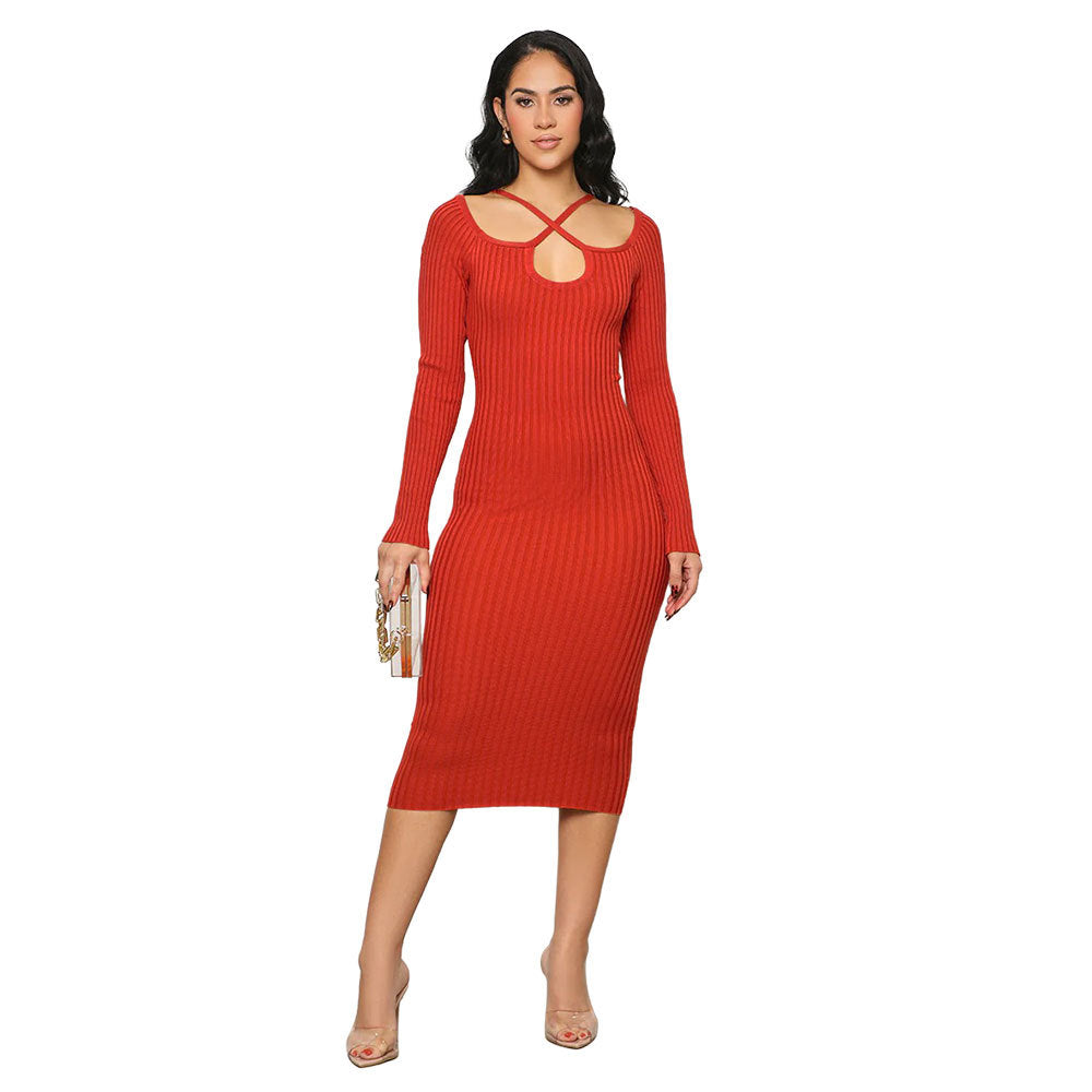 Autumn And Winter Long-Sleeved Chic Slim Sexy Halter Neck Knitting Bodycon Women's Dress 10