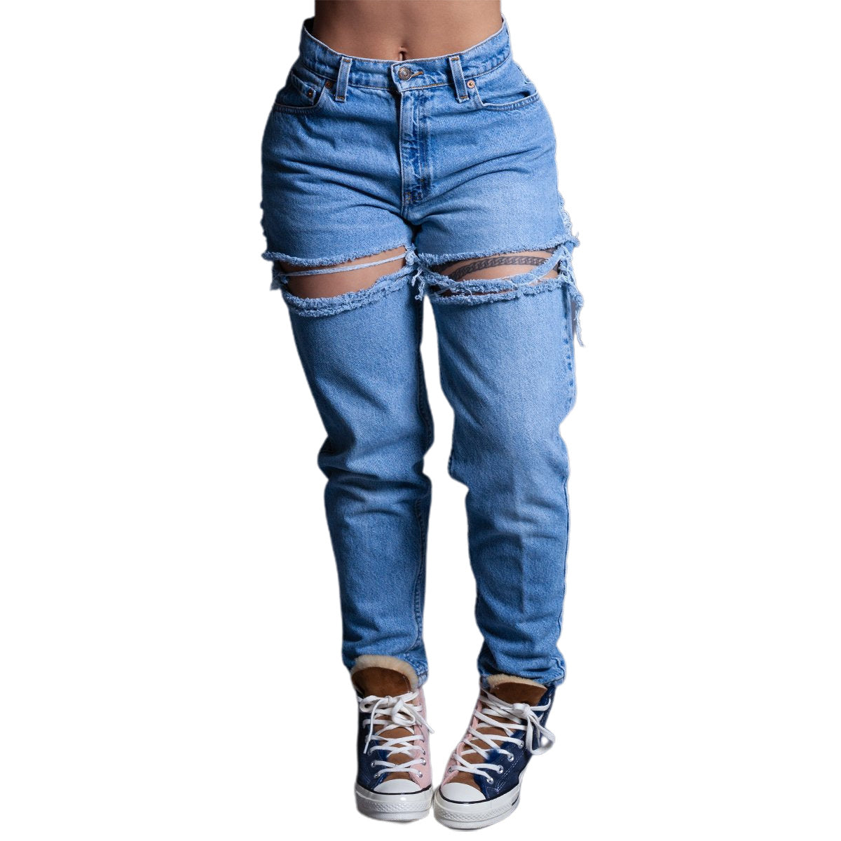 women washed high waist loose Ripped Denim pants 6