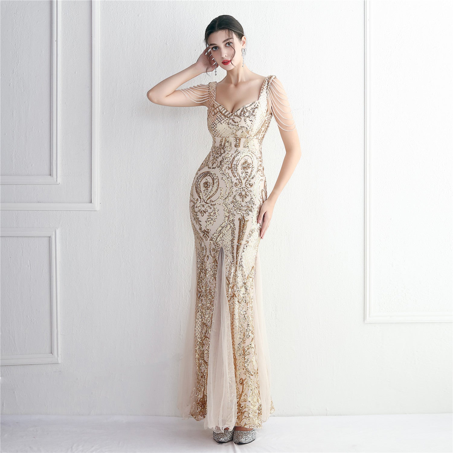 Chic Elegant Long Beaded Mesh Long Evening Dress Long Formal Party Slim Evening Dress 12