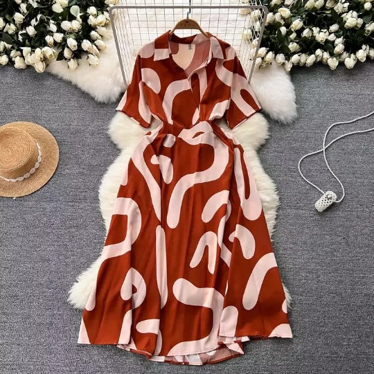 Chic Short-Sleeve Summer Holiday Slim Waist Print Dress 11