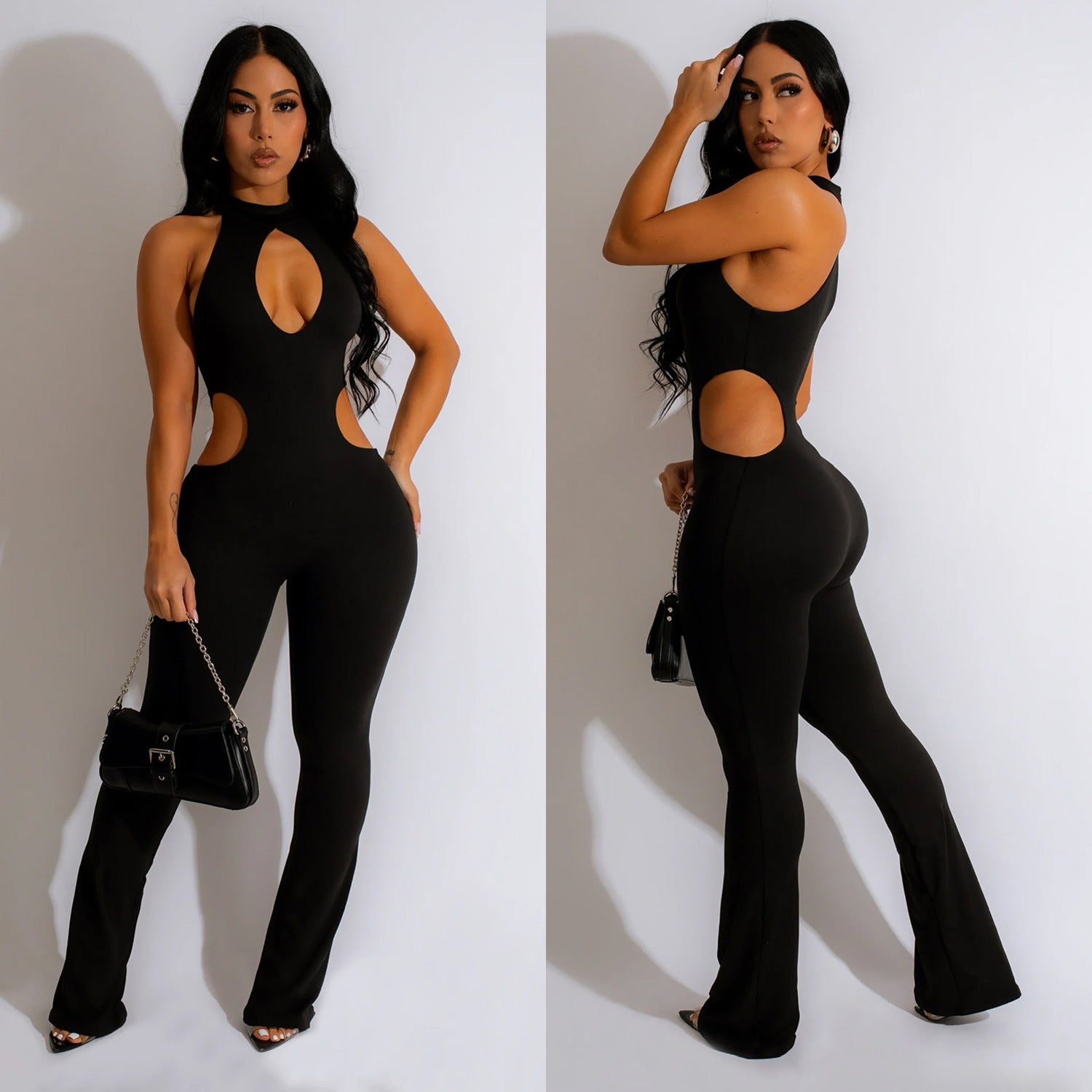 Women Solid Sexy Halter Neck Cutout Jumpsuit 7