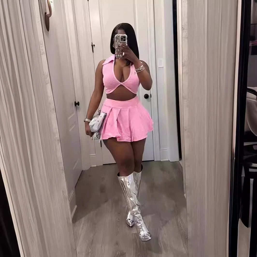 Women Sexy Summer Turndown Collar V-Neck Ribbed Short Top Mini Skirt Two-Piece Set 8