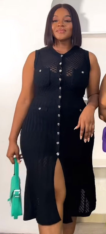 Women Retro V-Neck Sleeveless Hollow Knitting Dress 3