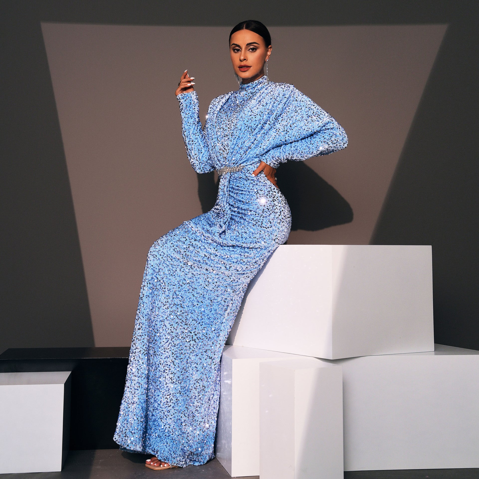 Women Sequined Long Sleeve Round Neck Formal Party Maxi Evening Dress 6