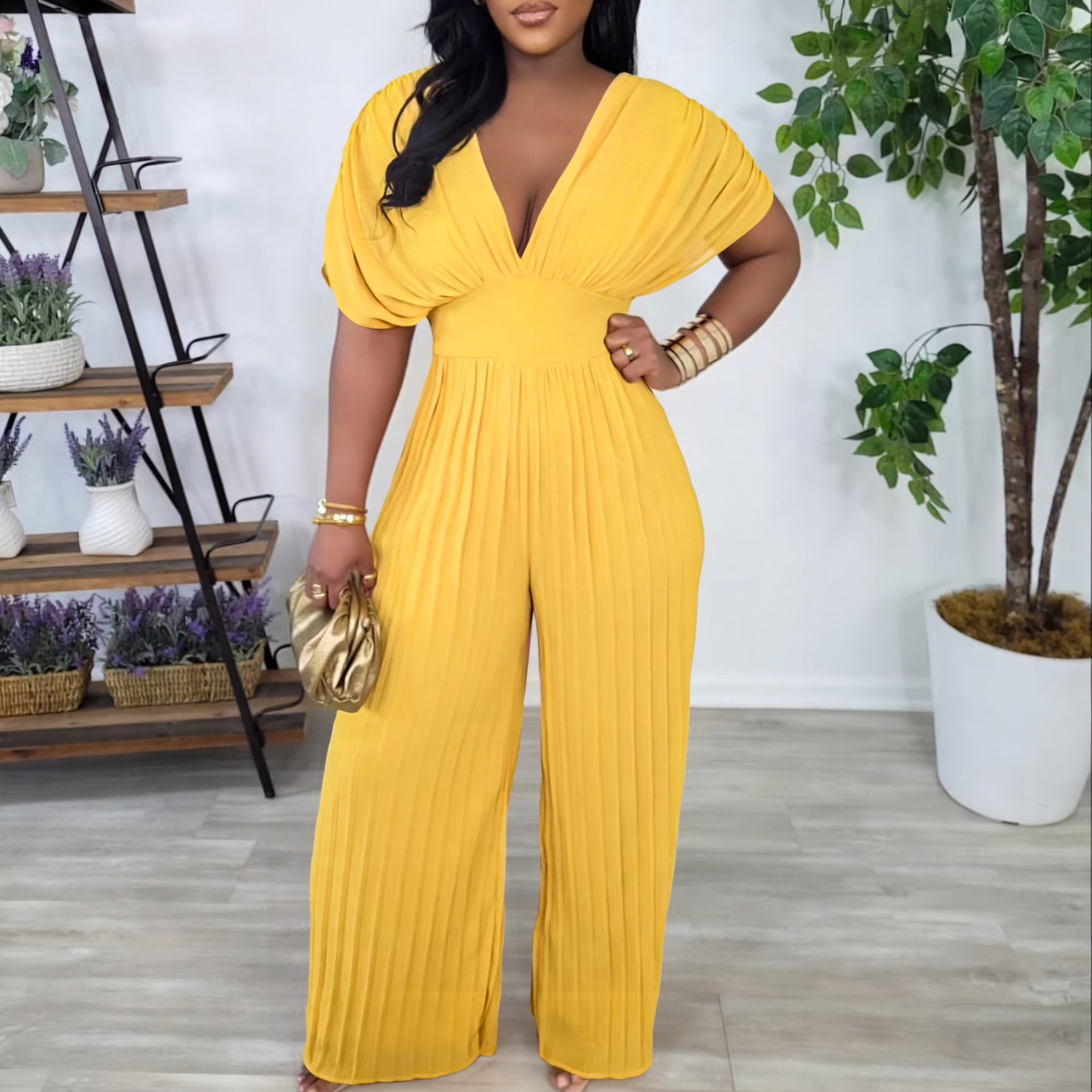 Women V-Neck Solid Sexy Pleated Jumpsuit 8