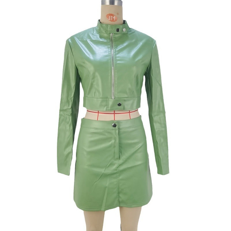 Women's Autumn Fashion Long Sleeve Crop Zipper Pu Jacket Bodycon Skirt Set for Women 8