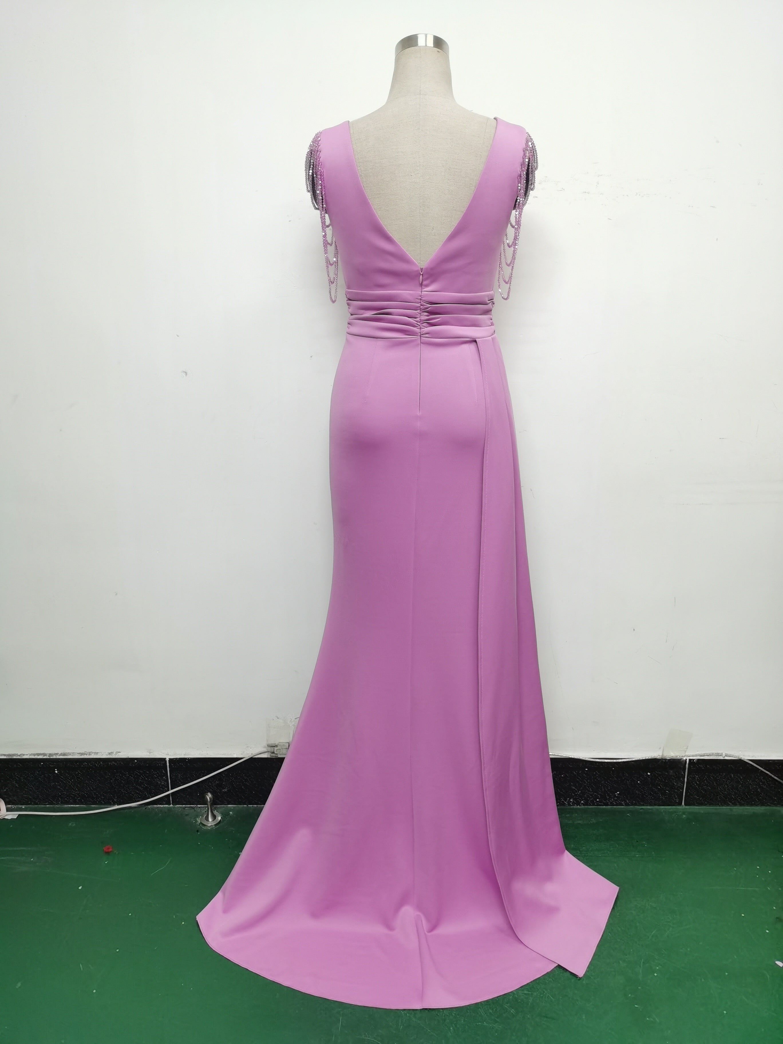Women Satin Pleated Beaded Evening Dress 26