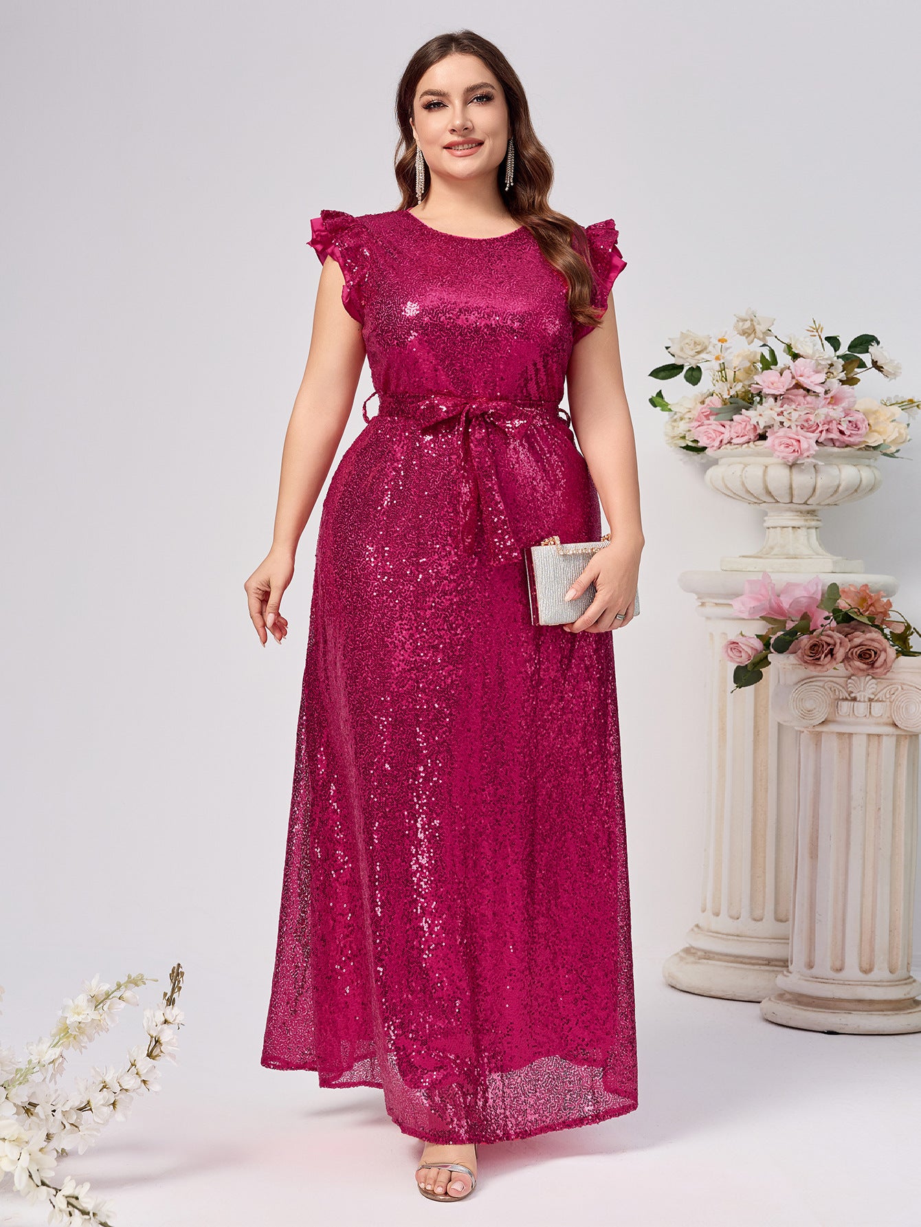 Plus Size Women Sequin Sleeveless Belted Round Neck Sexy Party Dress 7