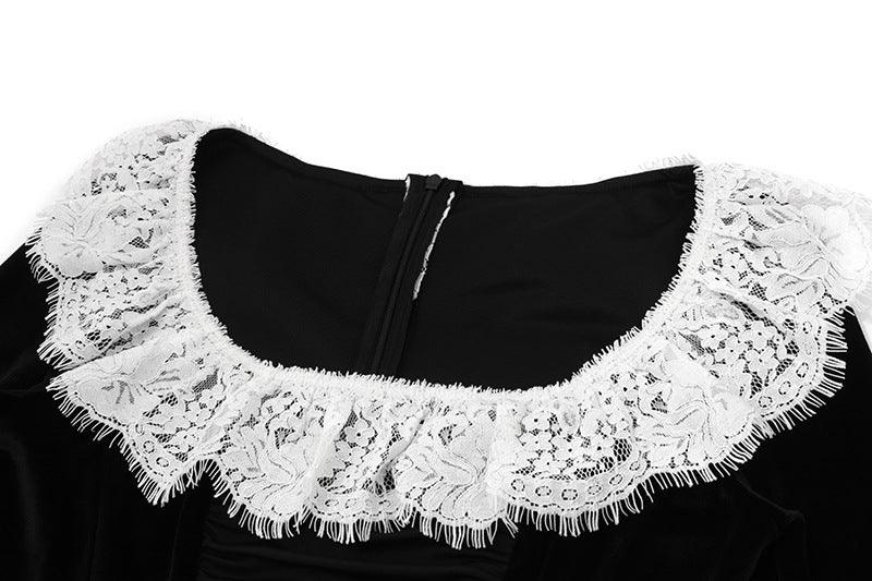 Autumn Fashion Sexy Chic Lace Velvet Long Sleeve A-Line Dress 6