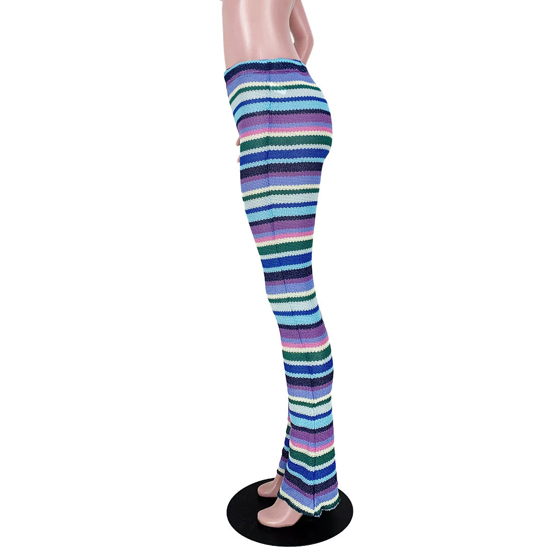 Women's Colorful Striped knitting Hollow Jacquard Fashion Pants Bell Bottom Pants 24