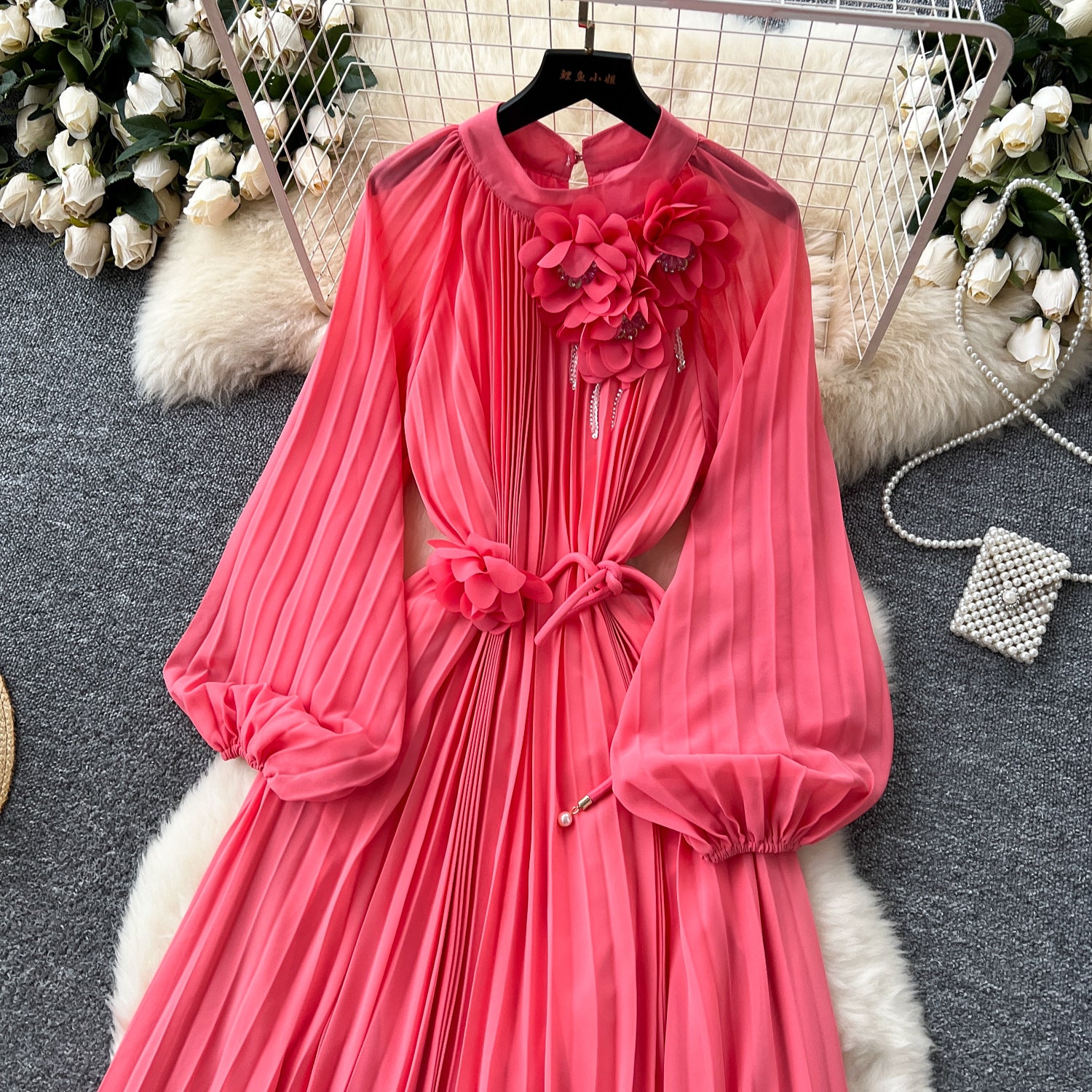 Elegant Women's Luxury Beaded Flower Belt Slim Waist Pleated Long Dress 24