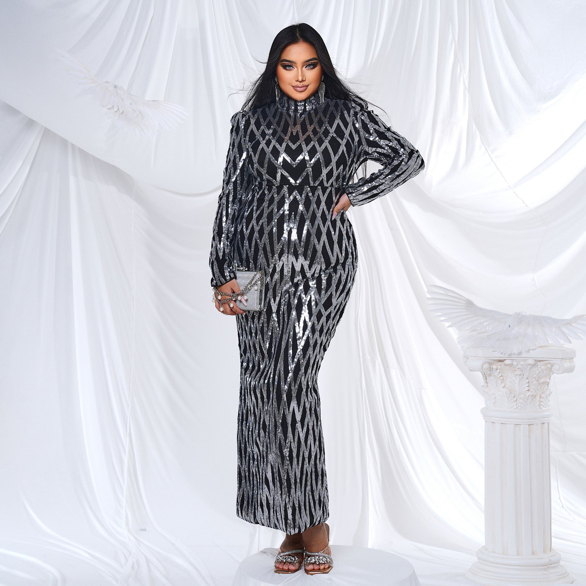 Plus Size Women Long Sleeve Round Neck Formal Party Sequined Fishtail Maxi Evening Dress