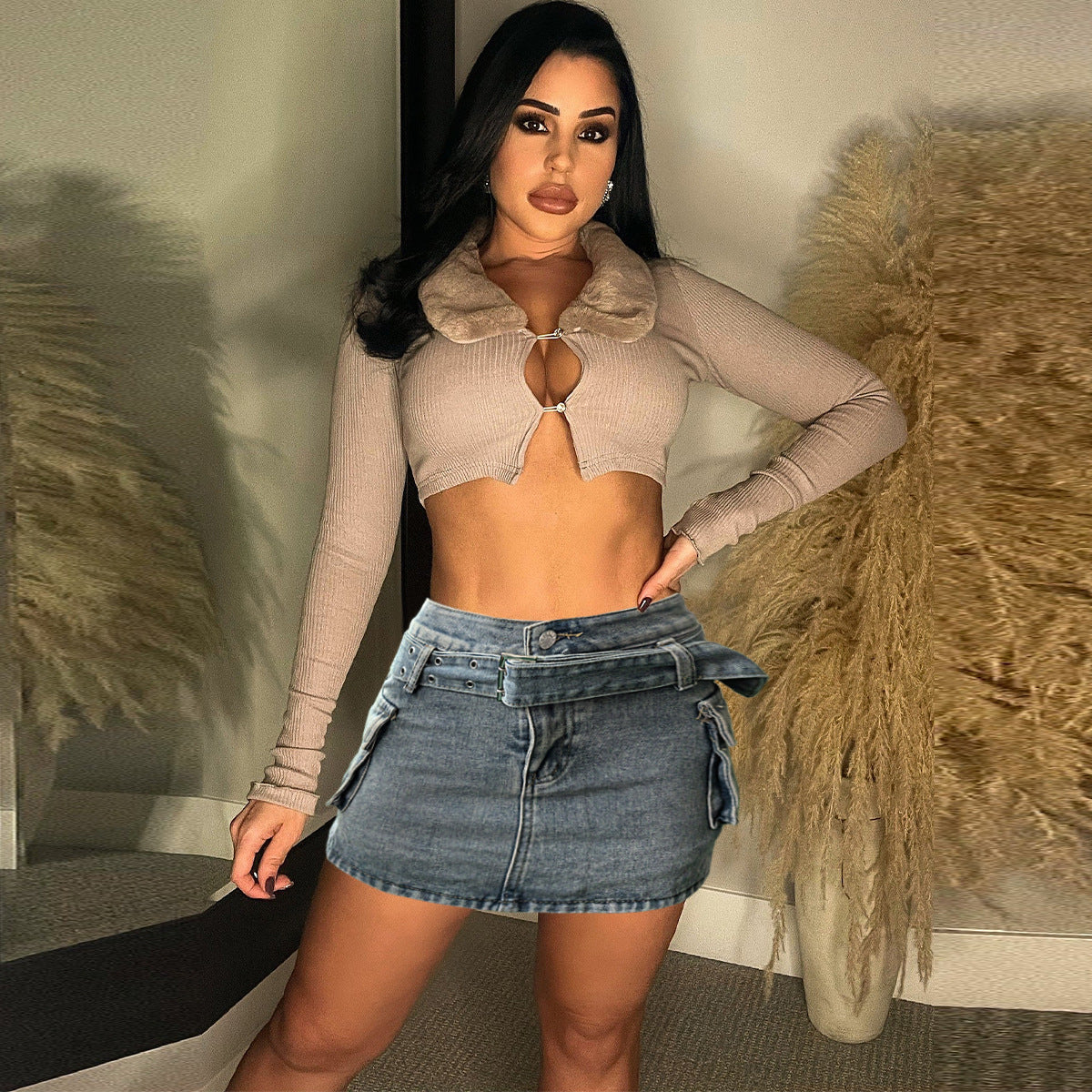 Washed Denim Pocket Belt Fashion Women Denim Shorts 5