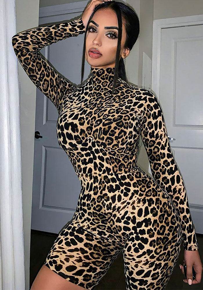 Women Long Sleeve Leopard Print Romper