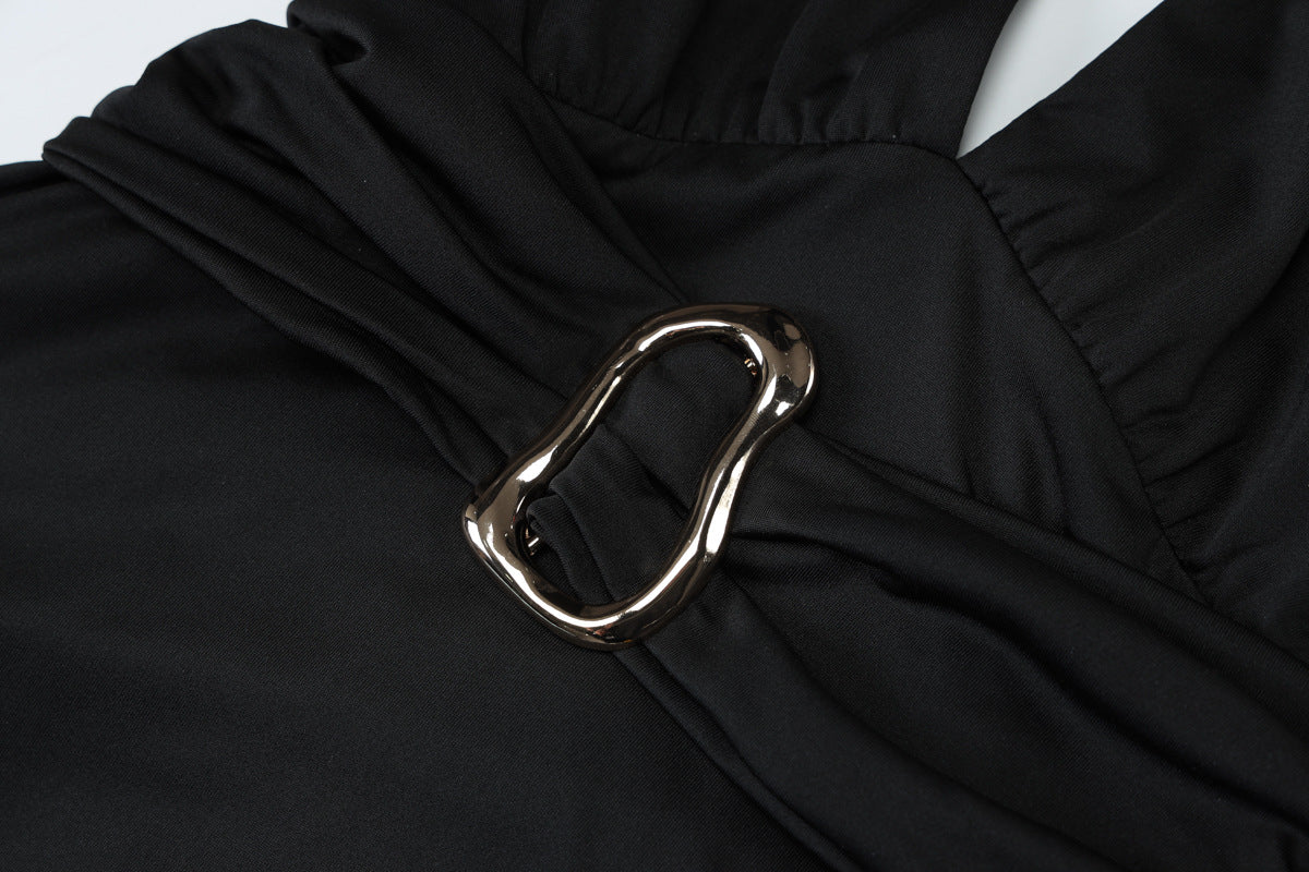 Women's Summer Sexy V-Neck Lace-Up Mid-Waist Metal Buckle Low Back Dress 9