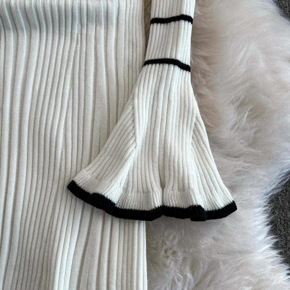 Winter Turndown Collar Knitting Dress Women Long Sleeve Fashion Chic Slim Waist Sweater Dress 19