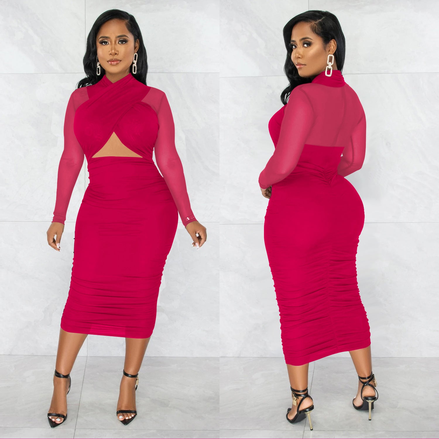 Women Mesh Long Sleeve Solid Cut Out Bodycon Dress 10