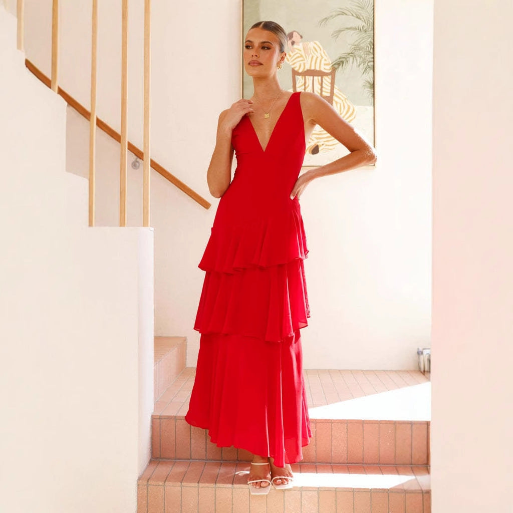 Women summer French sleeveless v-neck Cascading Ruffles Dress 6