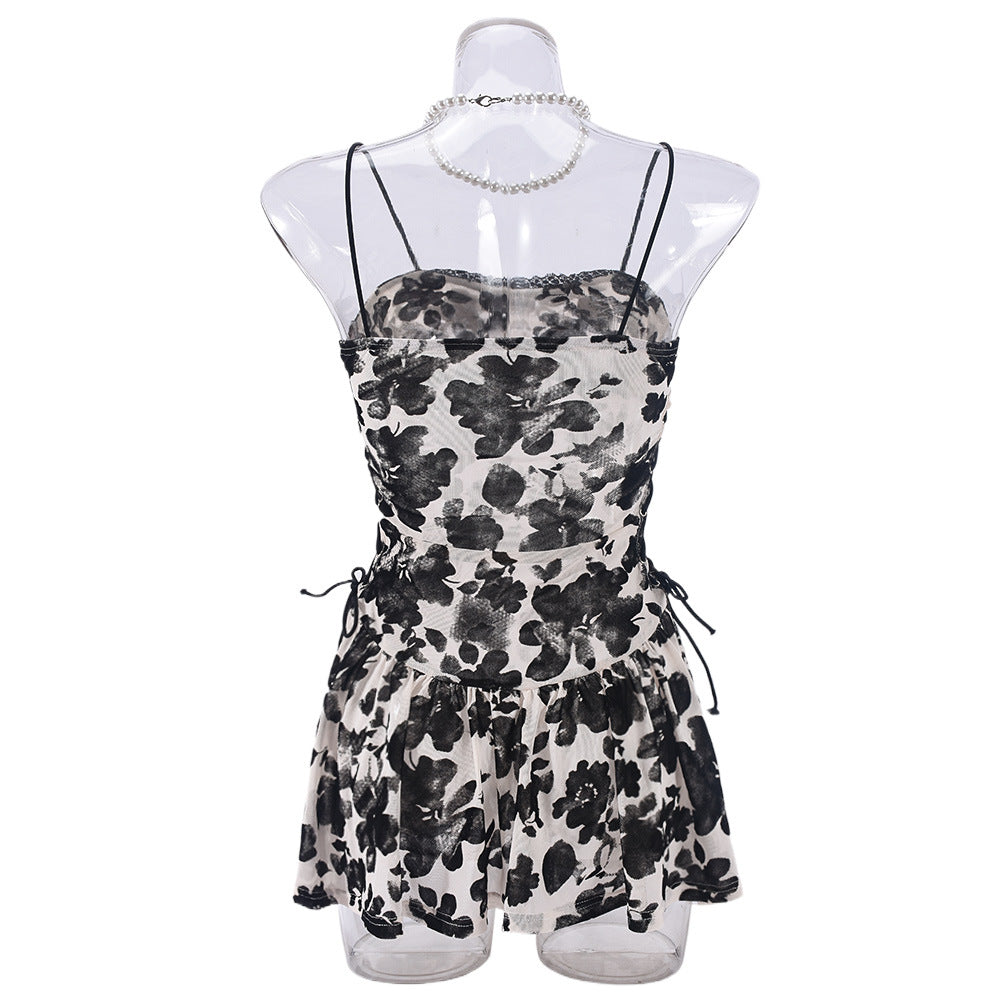 Women Stretchy Mesh Flocked Backless Sexy See-Through Lace-Up Dress 9