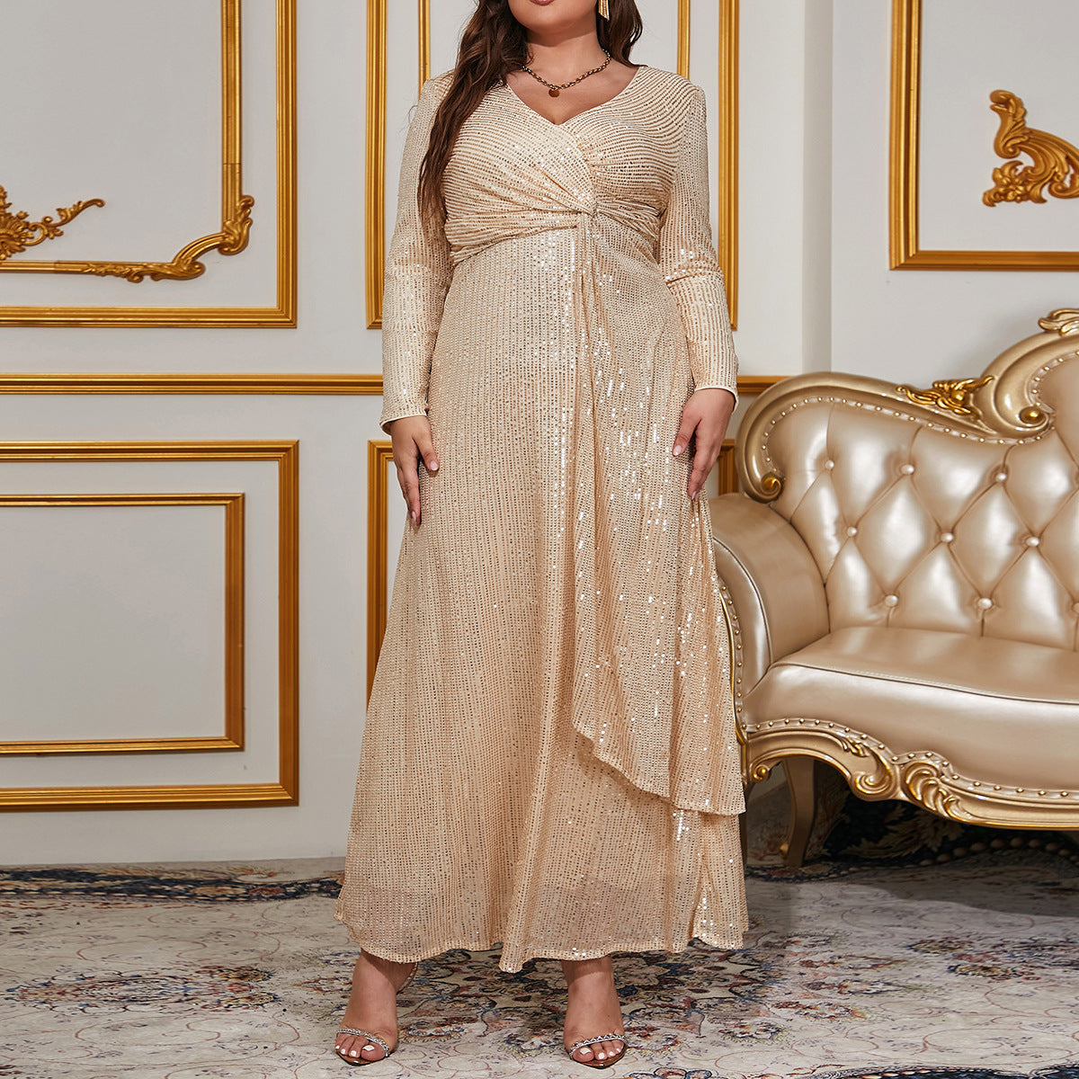 Fashion Chic Elegant Solid Color Sequined Long Sleeve V-Neck Slim Formal Party Women's Evening Dress 7