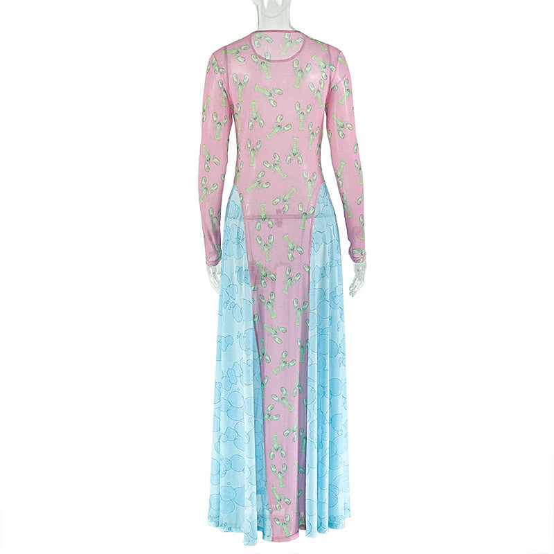 Women Patchwork Print Dress Round Neck Pleated Long-Sleeve Dress 8