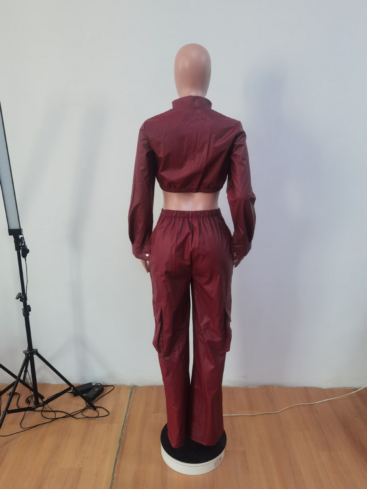 Women's Autumn And Winter Pu Leather Zipper Top Pants Sexy Two-Piece Set 12