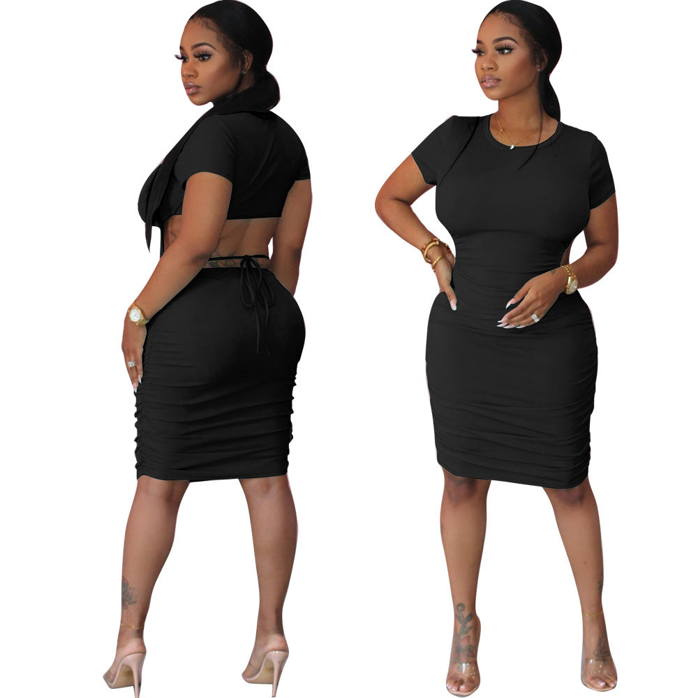 Spring Summer fashionable solid color round neck back hollow midi dress 13