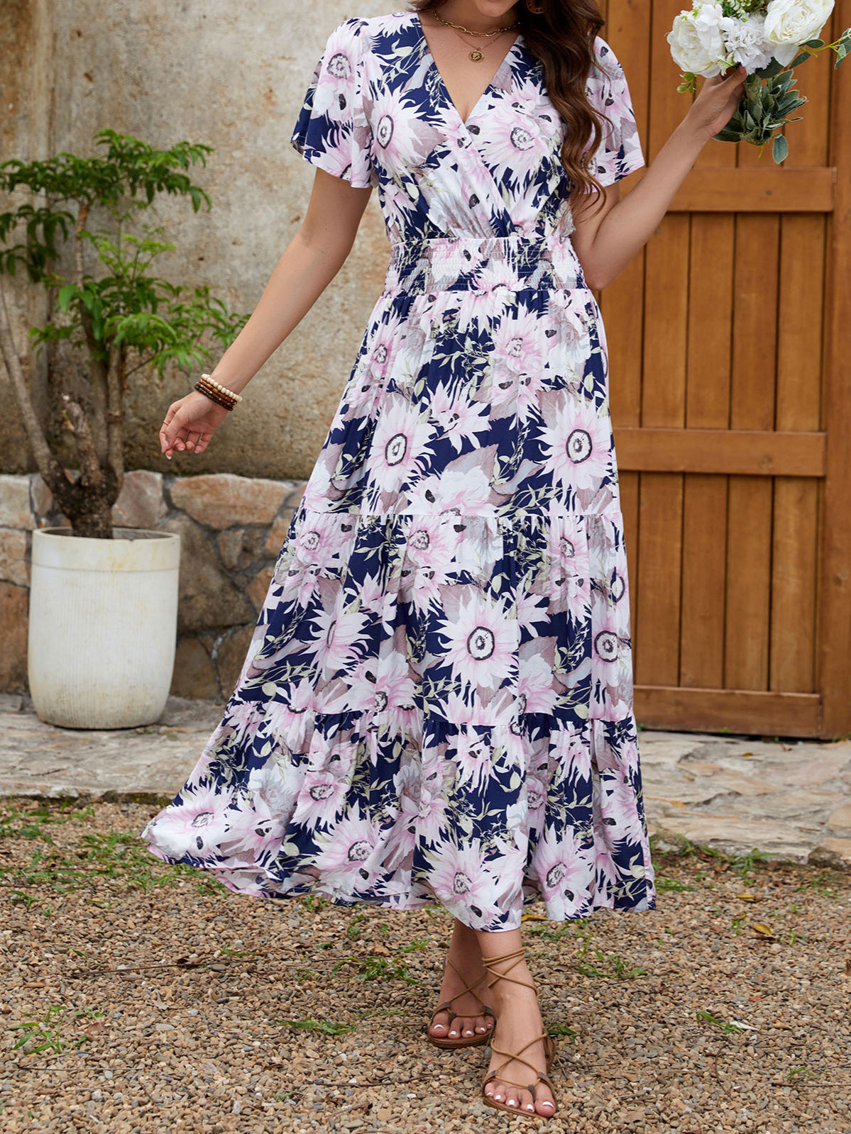 Women V-neck ruffle print Holidays dress 3