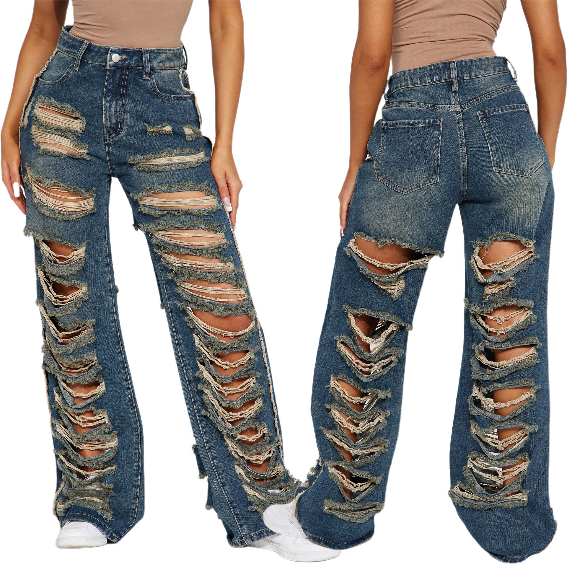 women's loose high-waisted Casual trousers street trendy Ripped Denim pants 5