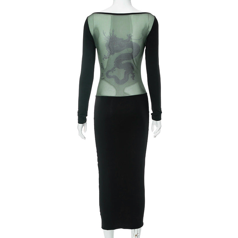 Women's Autumn Casual Patchwork Mesh Dragon Print Long Sleeve Slim Dress 9