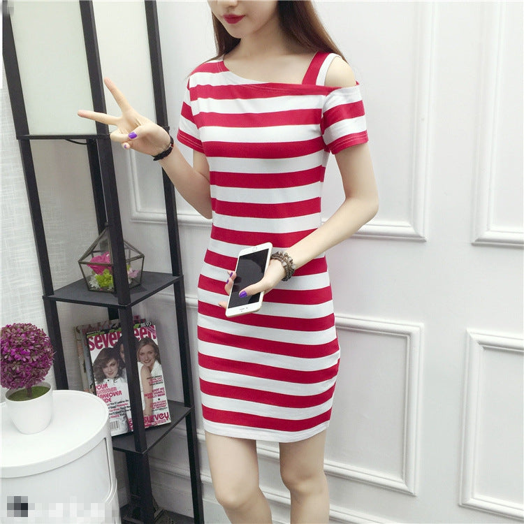 Women Slash Shoulder Striped Suspender Sexy Dress 7