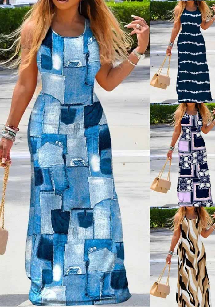 Summer Fashion Printed Round Neck Sleeveless Slim Dress