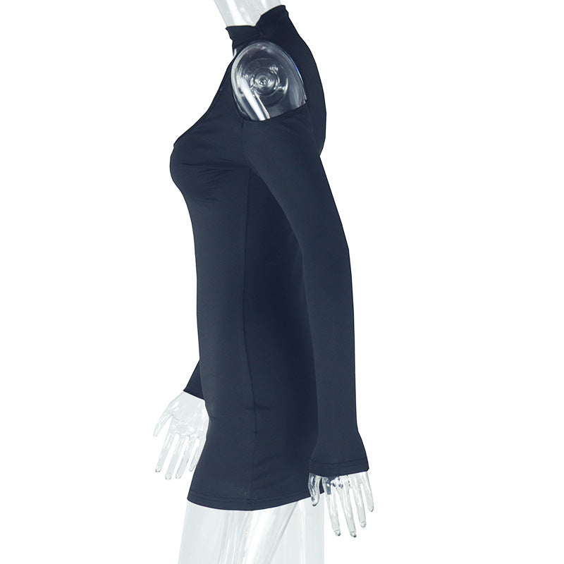 Women's Fashion Sexy Long Sleeve Round Neck Solid Color Tight Fitting Bodycon Short Dress 8