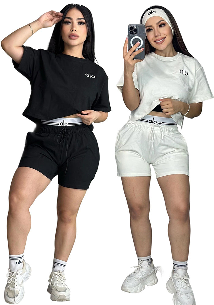 Women Summer Solid Embroidered Round Neck Short Sleeve Top Shorts Two-Piece Set