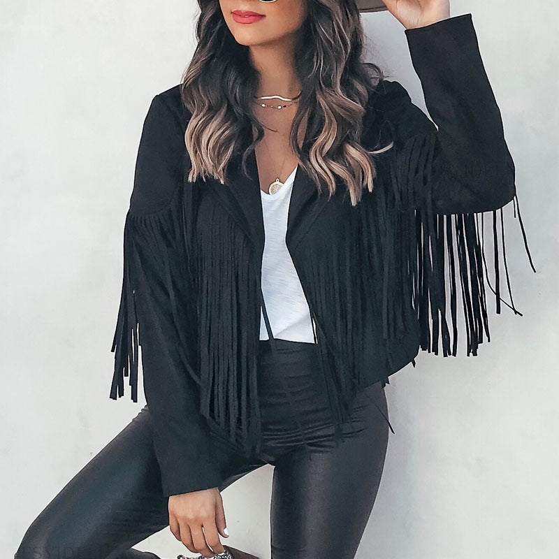 Women'S Autumn And Winter Turndown Collar Fringe Short Suede Leather Jacket 6
