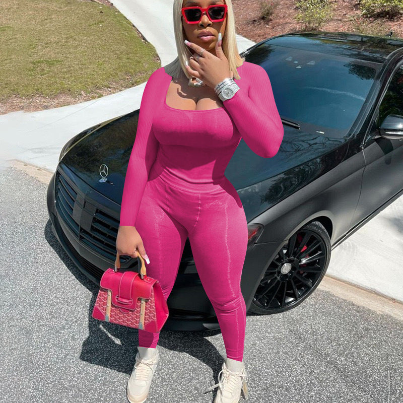 Women's Fashion Casual Ribbed Solid Color Slim Fit Two-Piece Pants Set 5