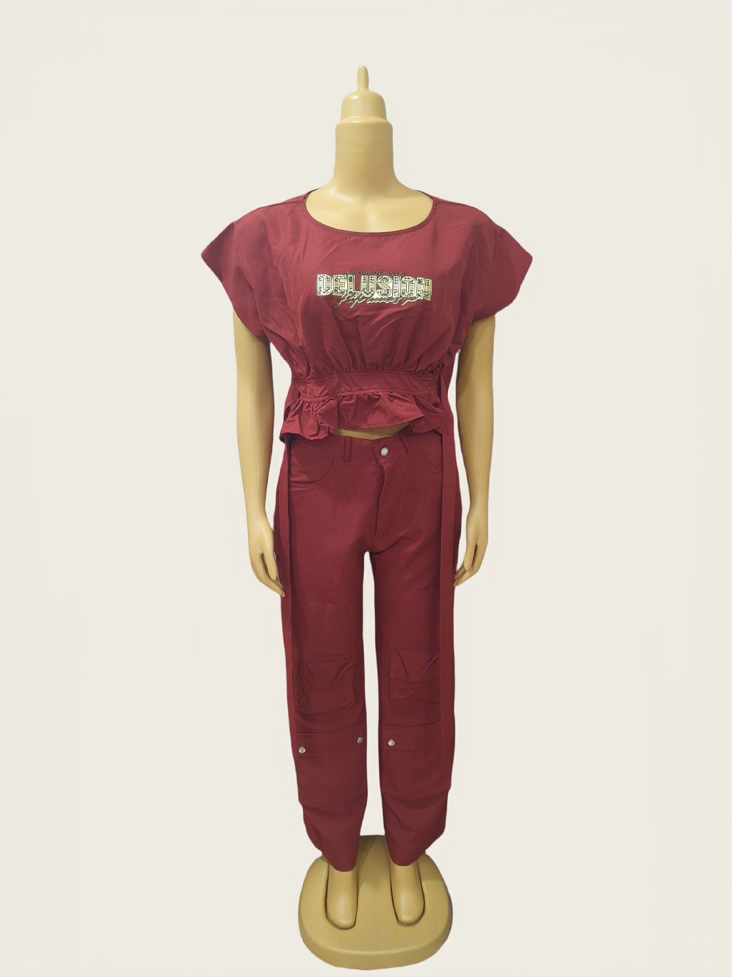 African Print Round Neck Slim Waist Short-Sleeve Top + Loose Cargo Pants Set