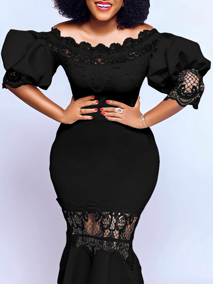 Women Off Shoulder Puff Sleeve Lace Patchwork Formal Party Mermaid Dress 7
