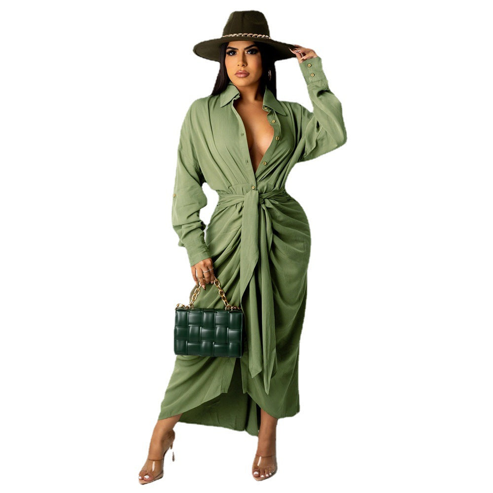 Women Sexy Lace-Up Buttoned Long-Sleeved Dress 11