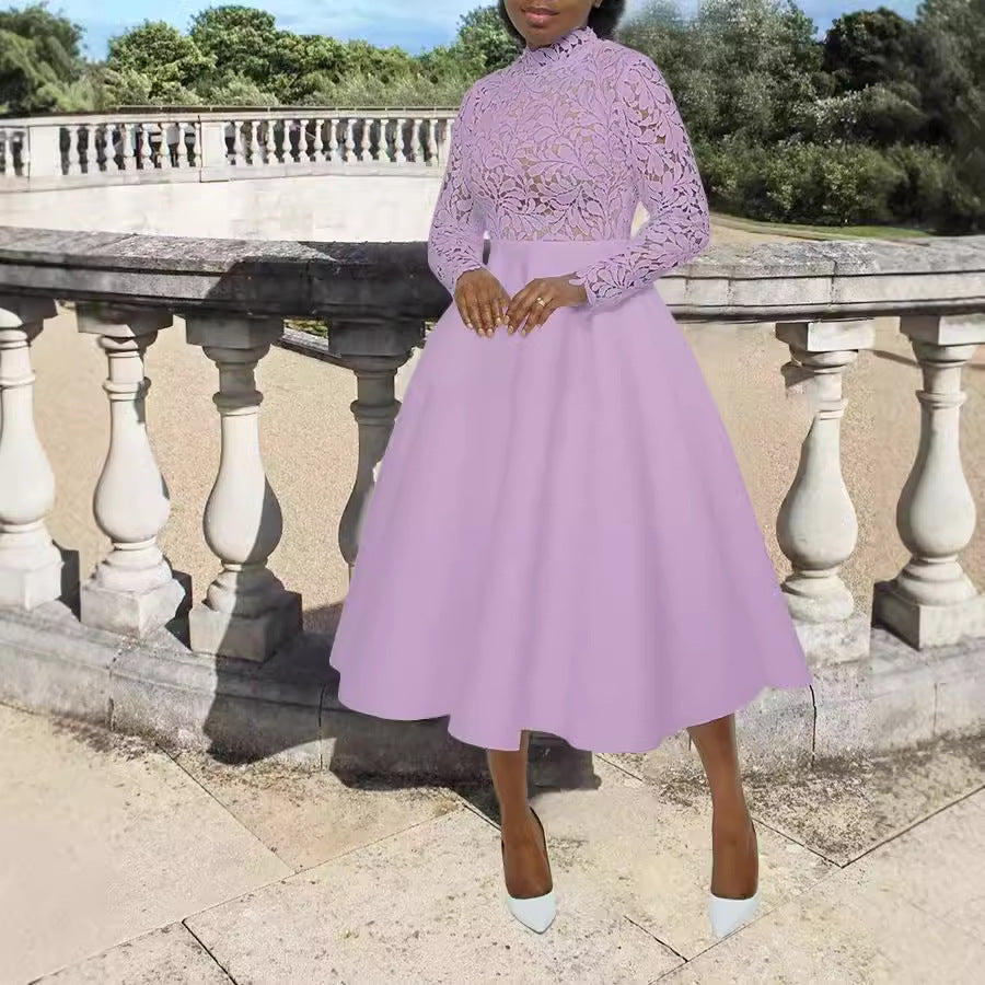 Women's Medium Neck Lace Patchwork A-Line Dress 6