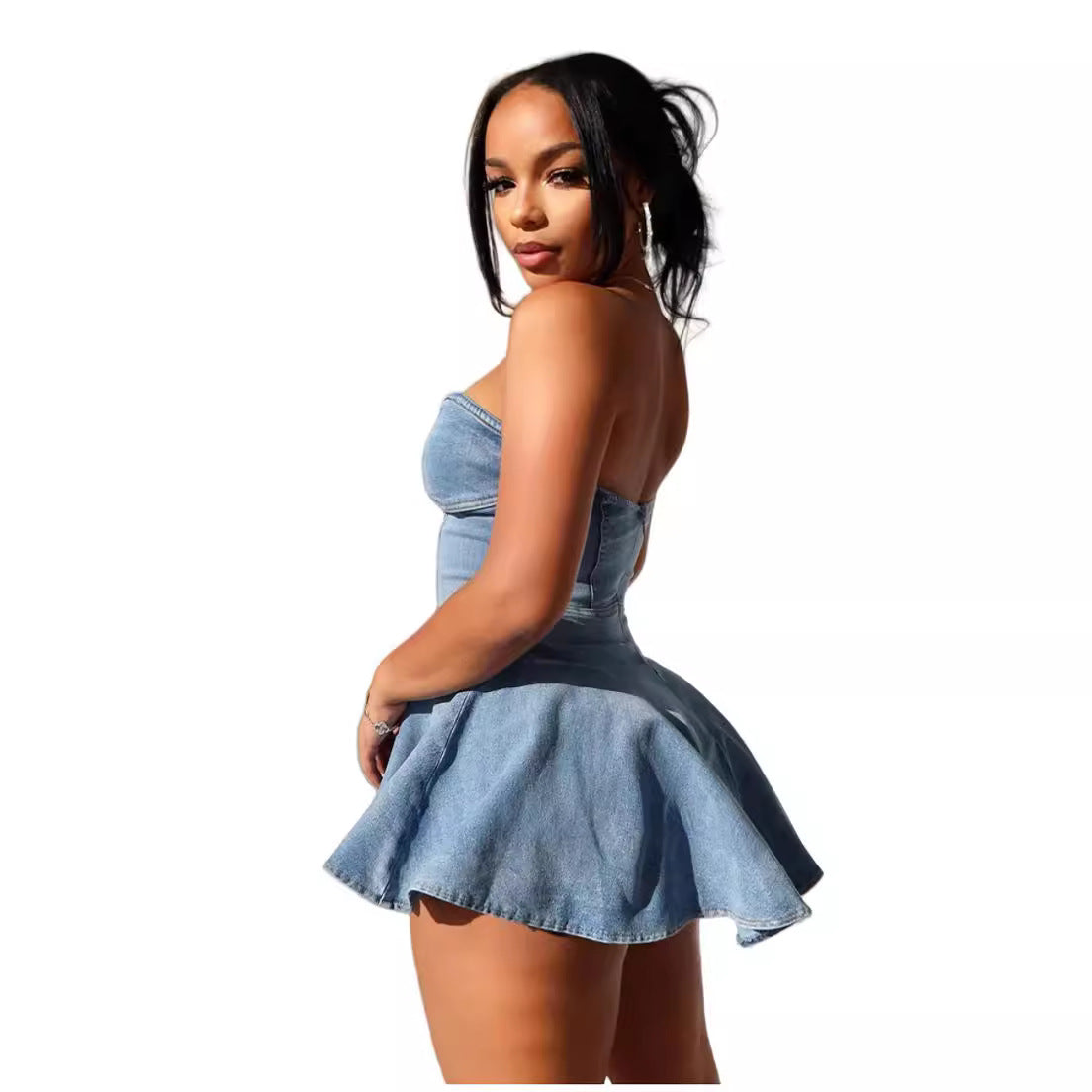 Strapless Slim Ruffle A-Line Denim Dress 3