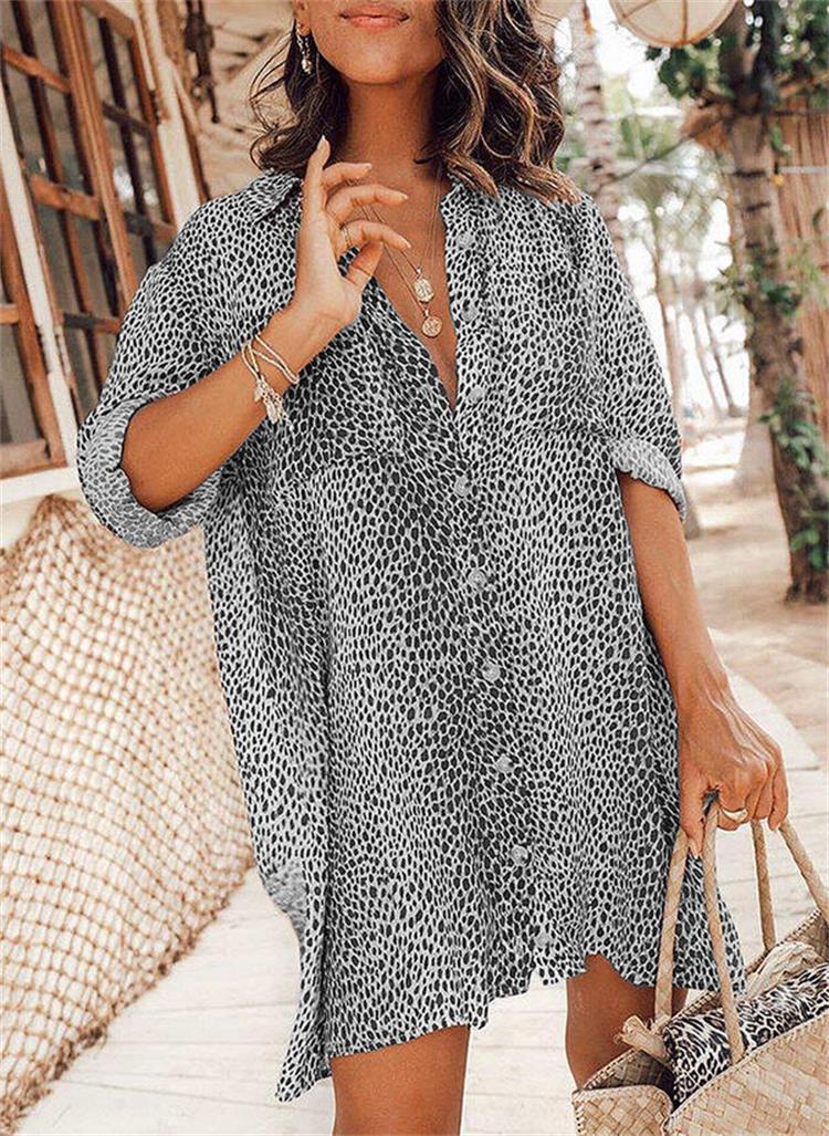 Women leopard print long-sleeved shirt dress 11