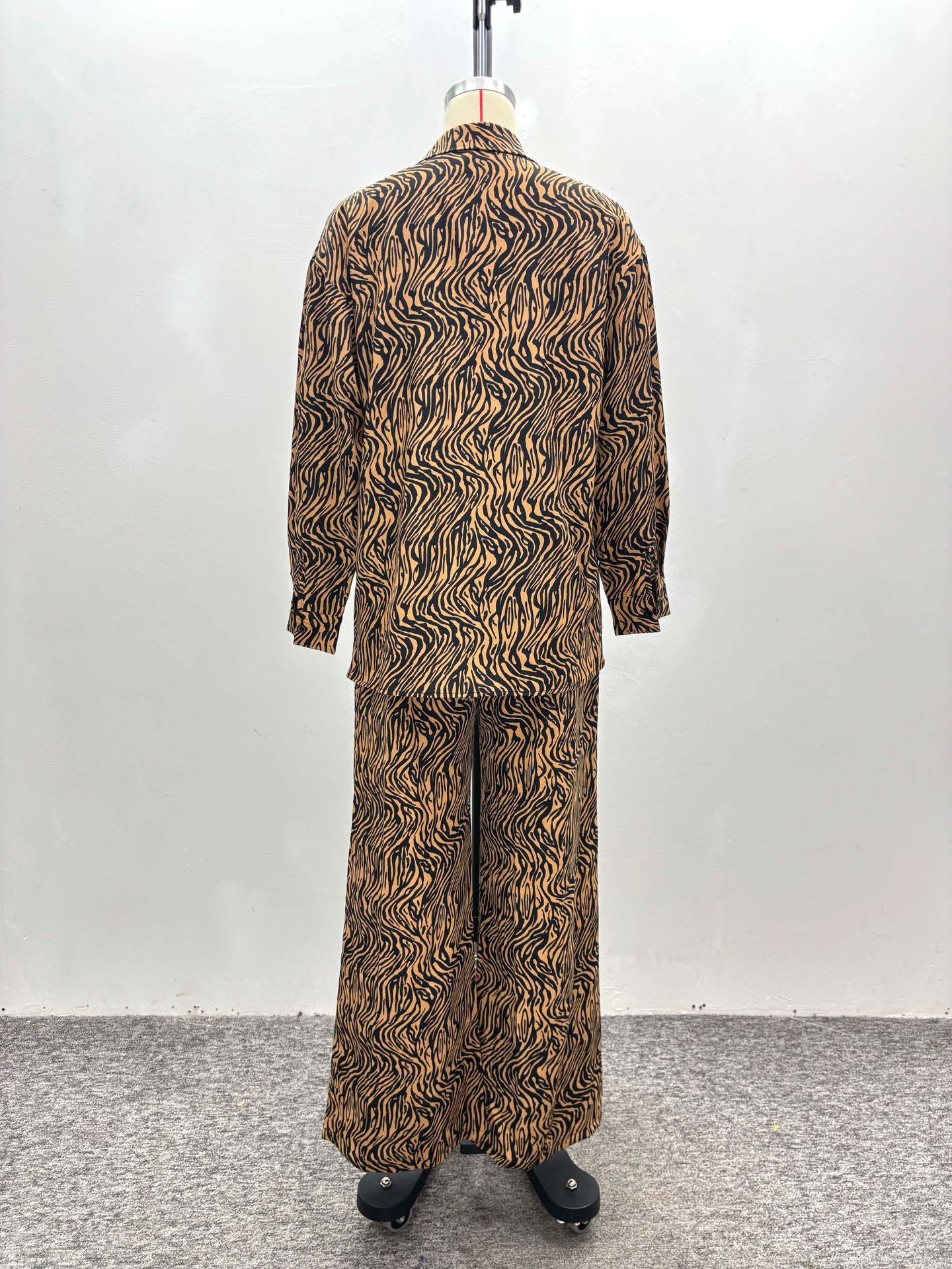 African Zebra Print Long Sleeve Shirt Wide Leg Pants Two Piece Set 7