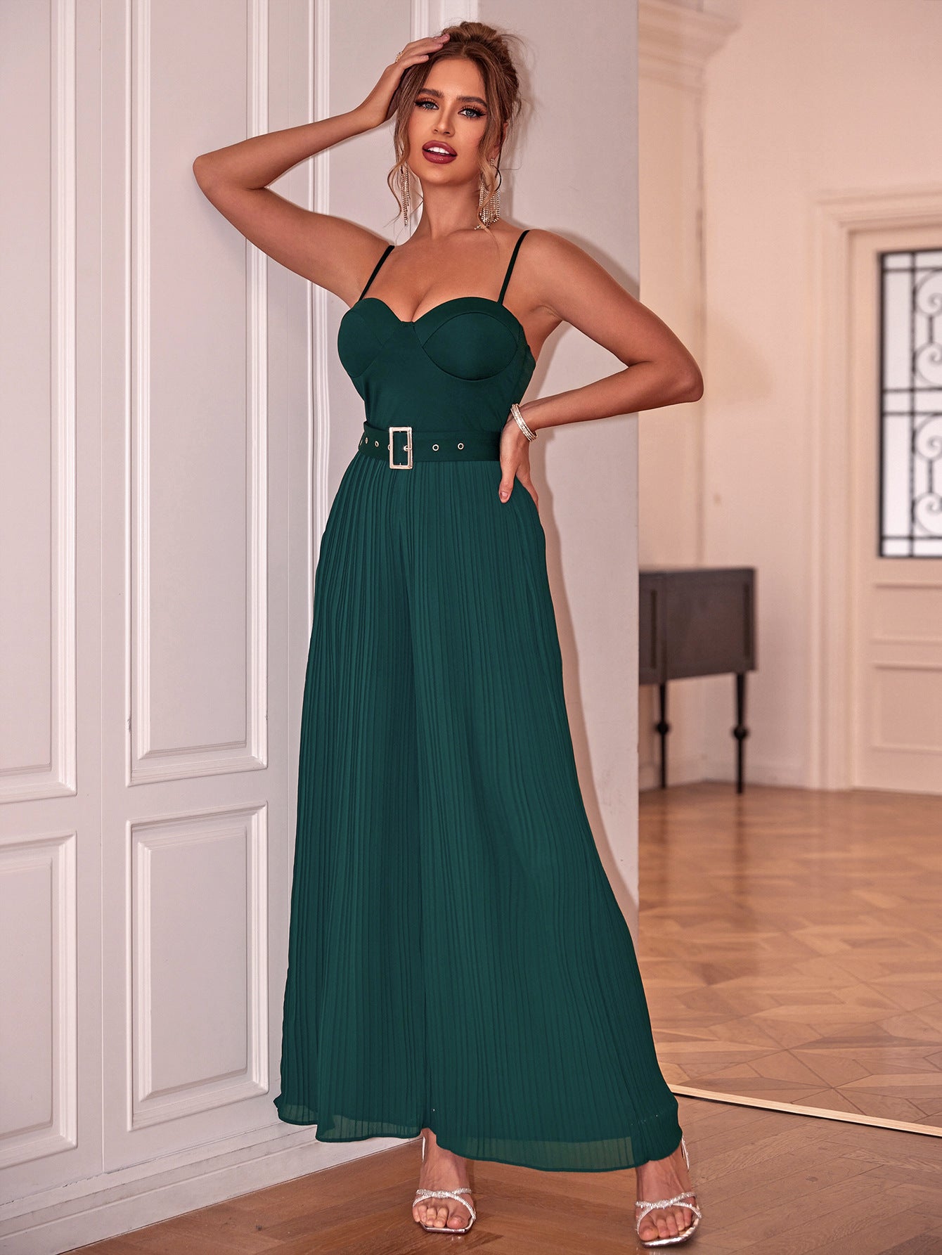 Spring Summer Strap Sexy Belt Pleated Jumpsuit 6