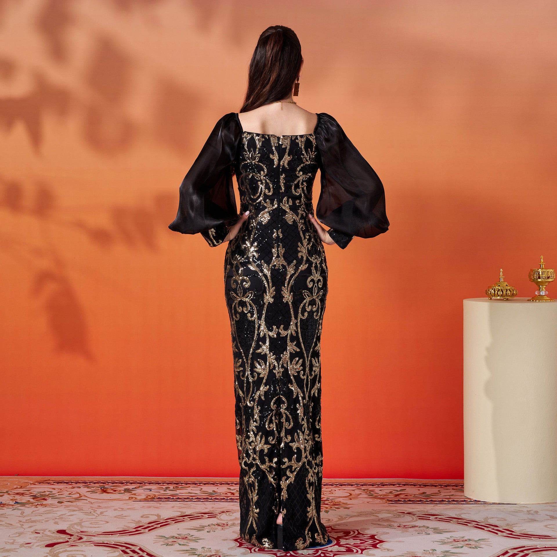 Women long sleeve square neck sequins formal party evening dress 4