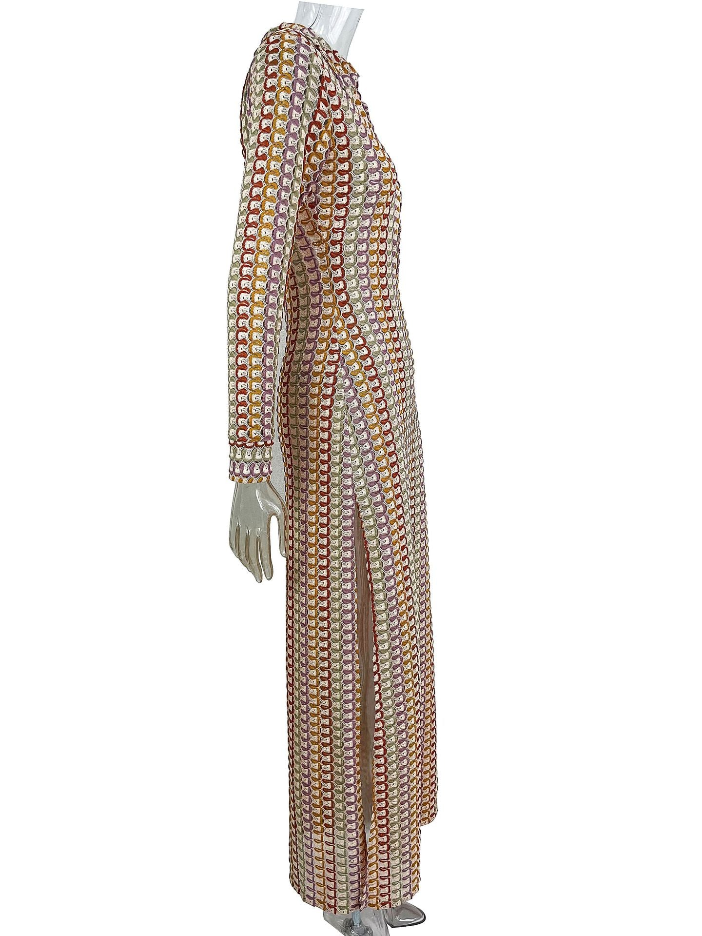 Women crocheted hollow low-cut V-neck slit long dress 14