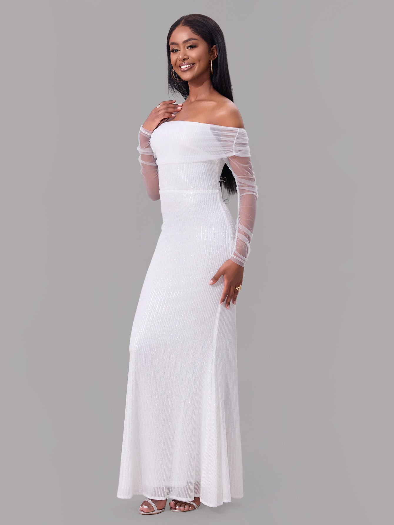 Spring women's chic sexy off shoulder mesh see-through long dress women wedding gown 3