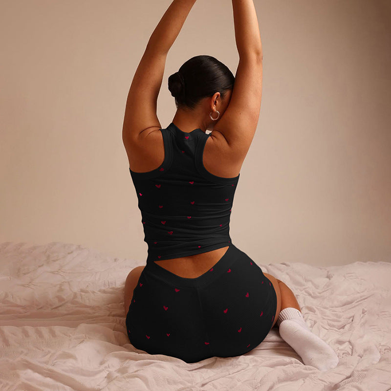 Women Summer Heart Print Vest Shorts Two Piece Set 7