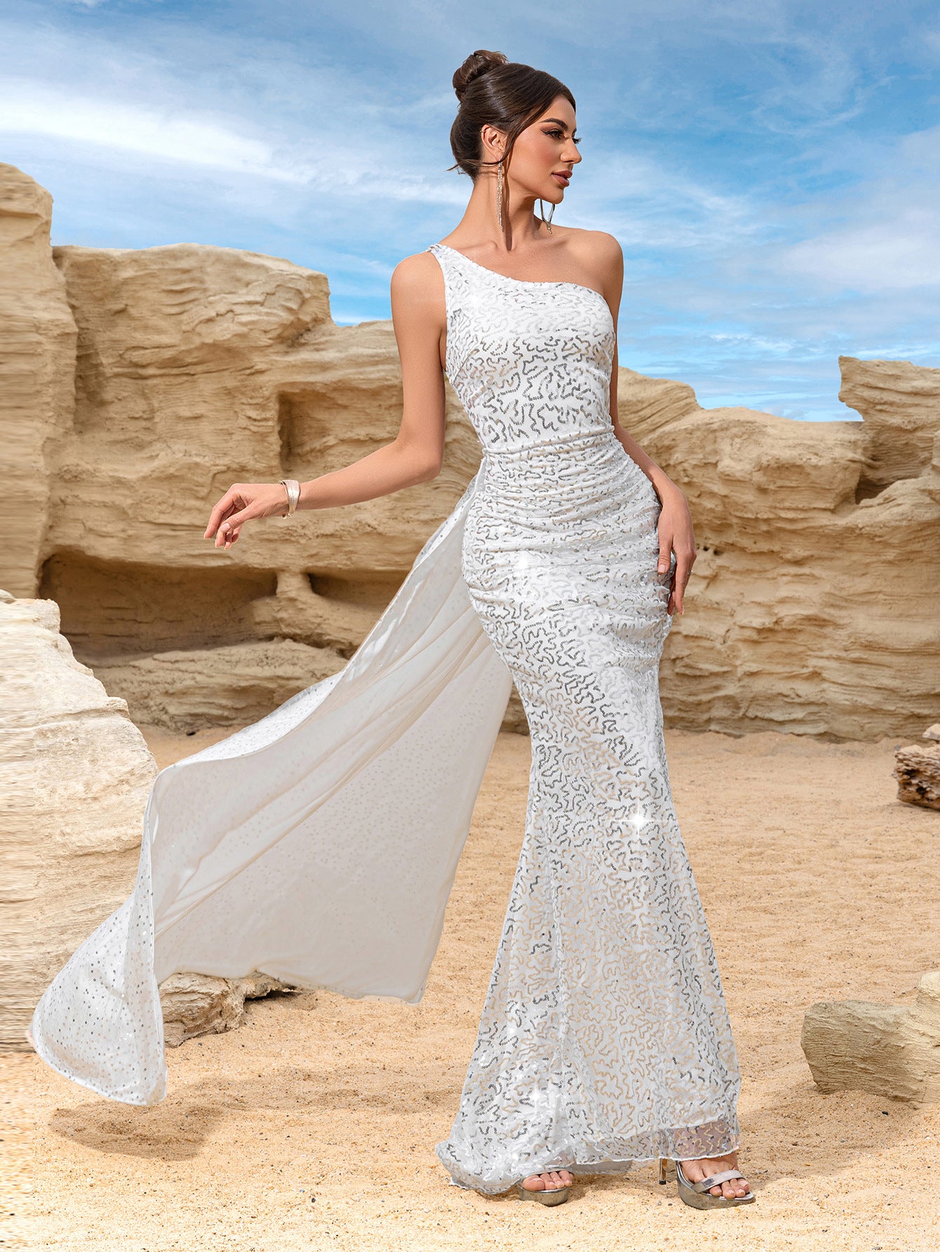 Women White Sequin One Shoulder Slit Wedding Bridesmaids Evening Dress 6